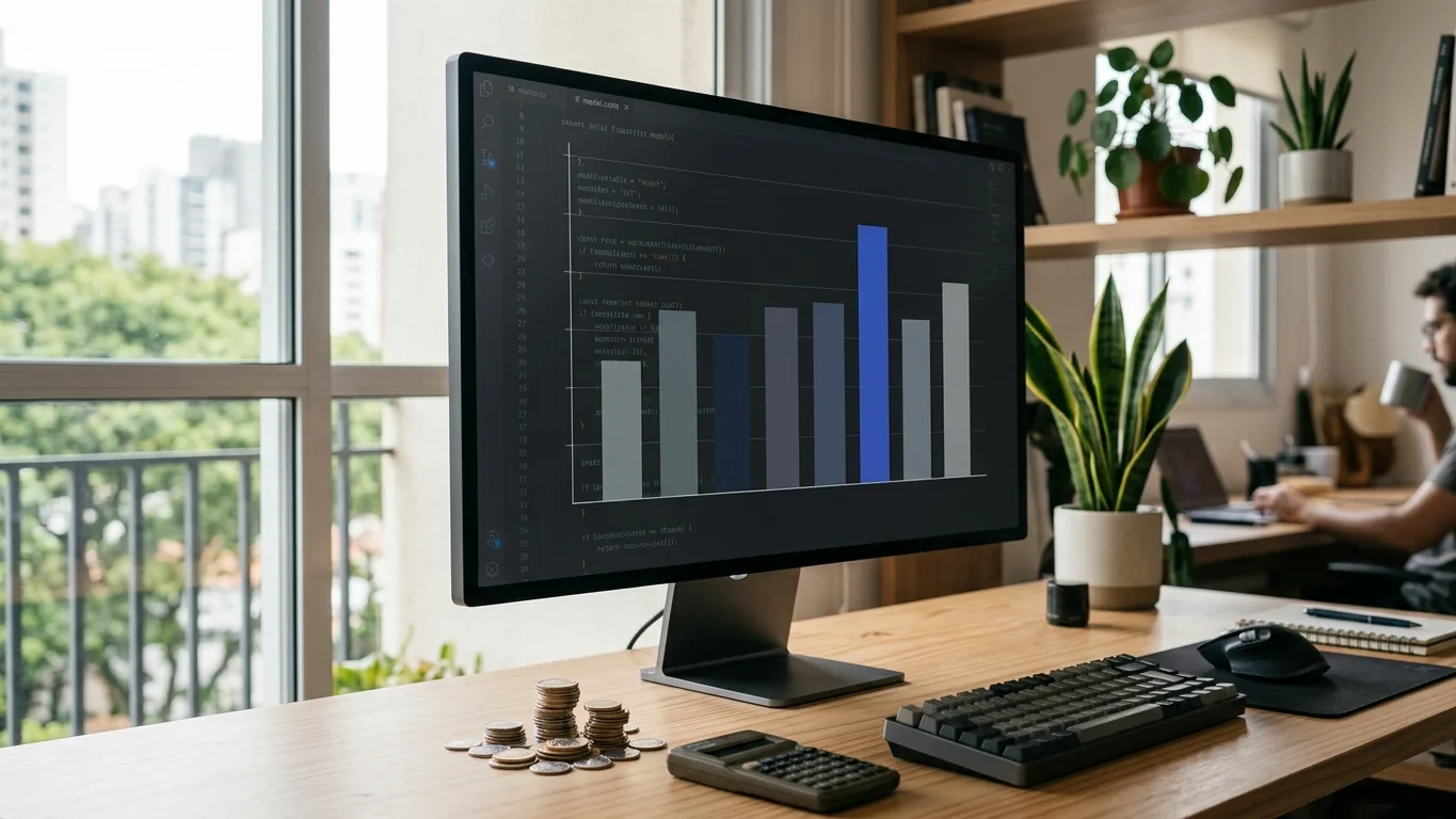 Gráfico de barras de custo de modelos em monitor com calculadora e moedas na mesa