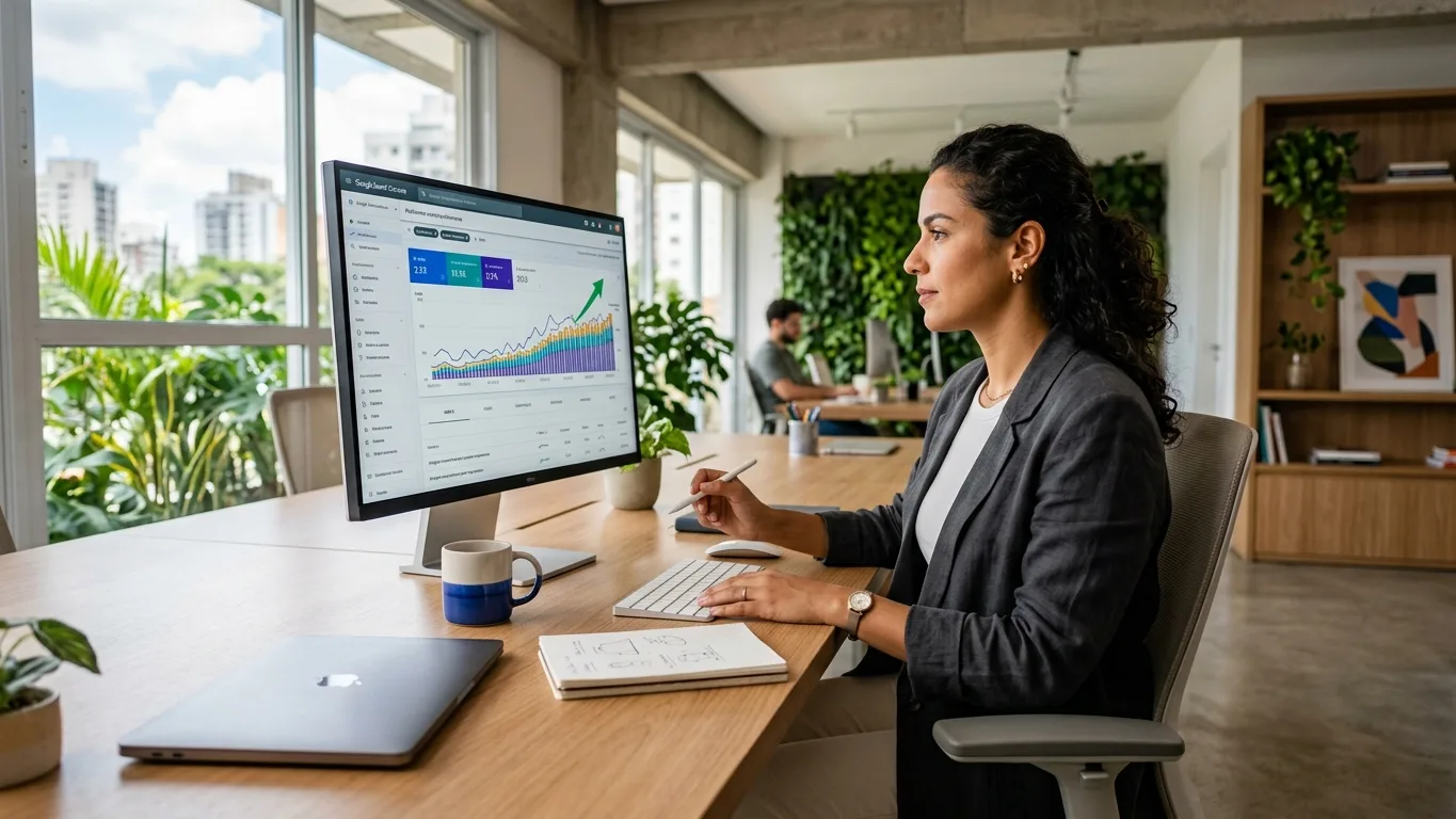 Analista de marketing revisando painel do Search Console em monitor grande