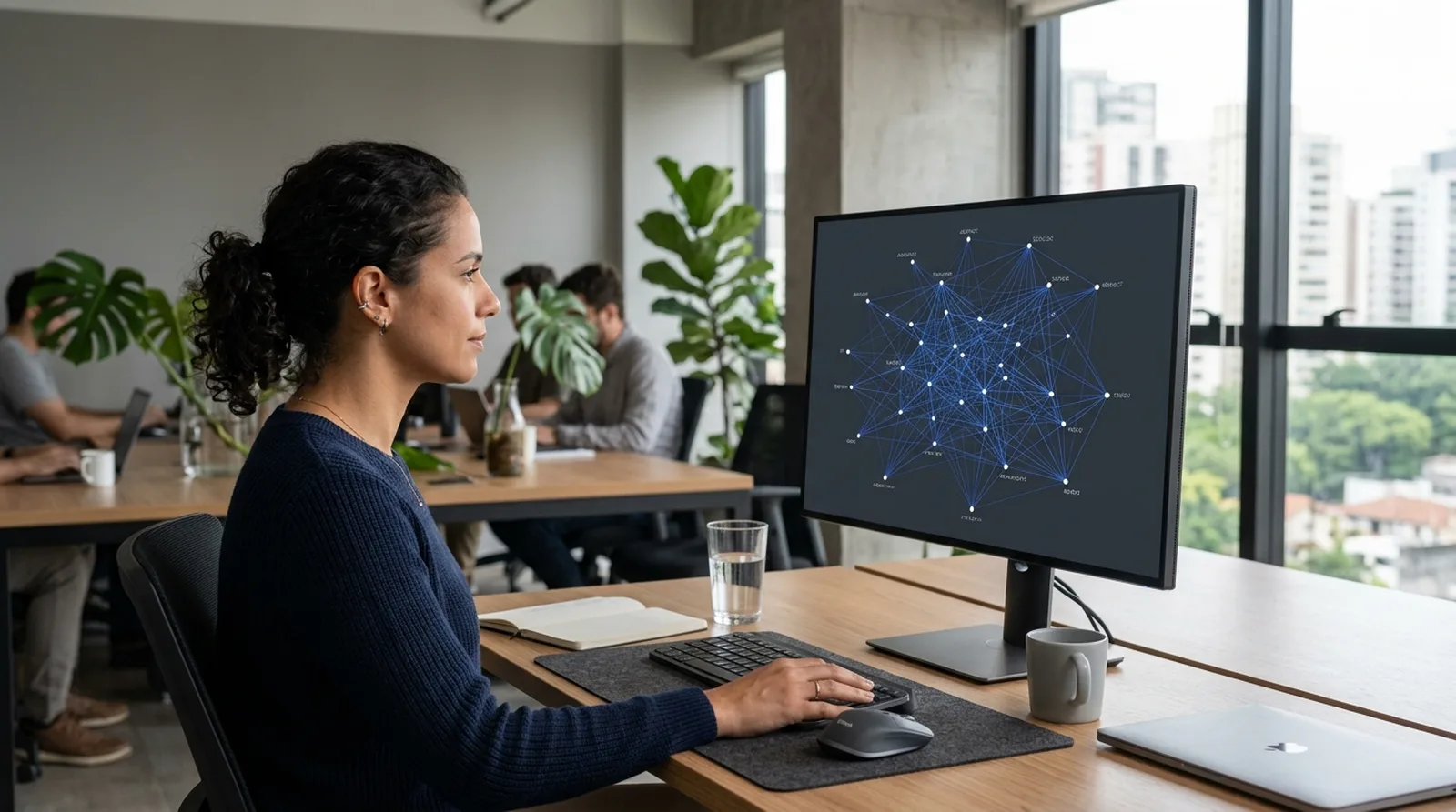 Grafo de conexões coloridas representando contexto de IA em monitor