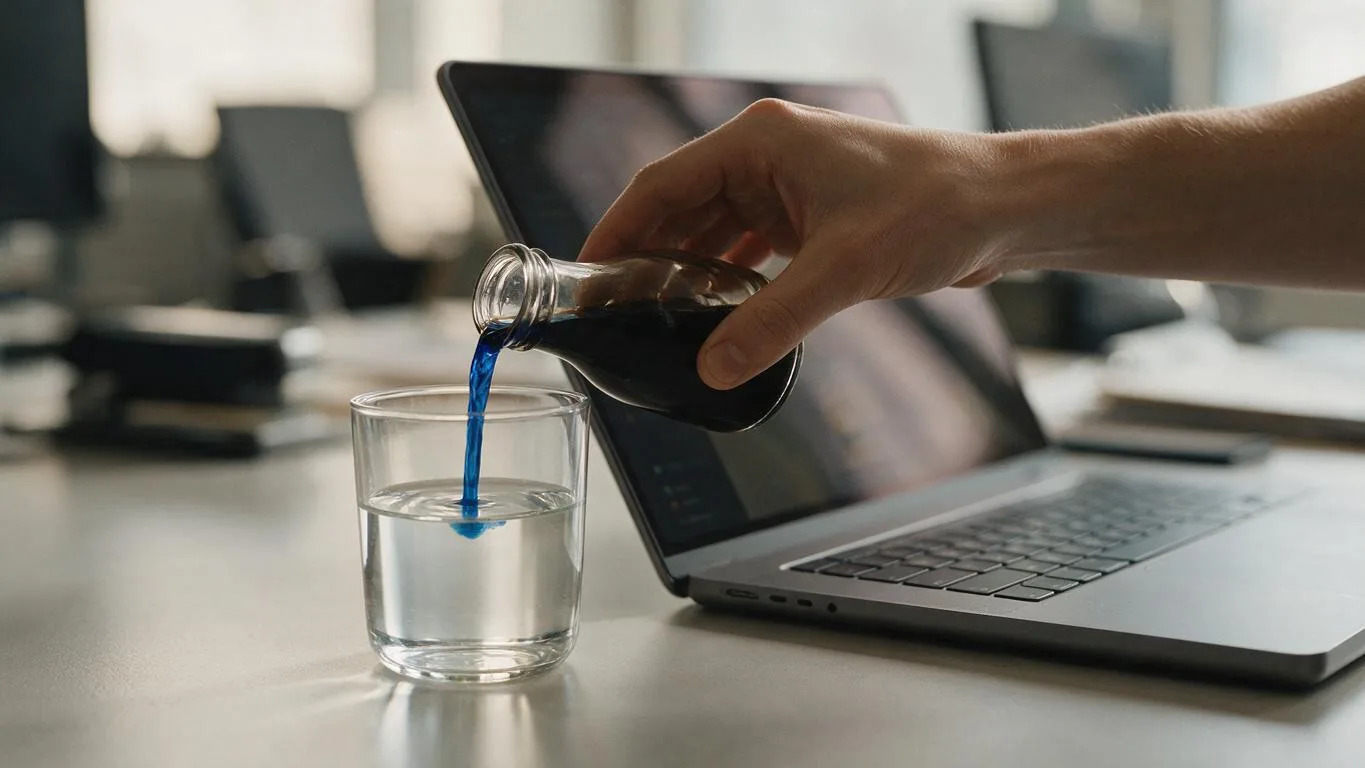 Mão despejando líquido escuro em copo de água ao lado de notebook aberto em mesa de reunião