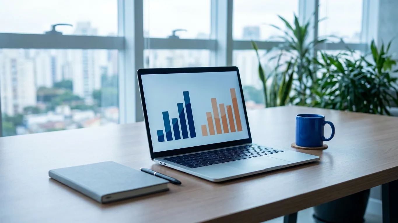 Notebook aberto sobre mesa minimalista exibindo um painel abstrato de analytics de audiência com dois grupos de barras contrastantes