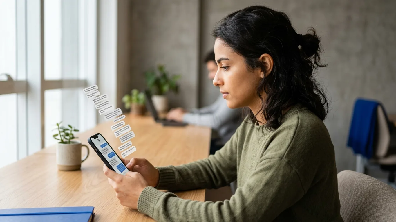 Smartphone mostrando fio de respostas formando corrente, pessoa lendo com atenção