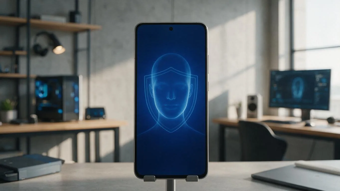 Retrato de perfil em um telefone com um escudo digital azul e linhas de verificação facial ao redor