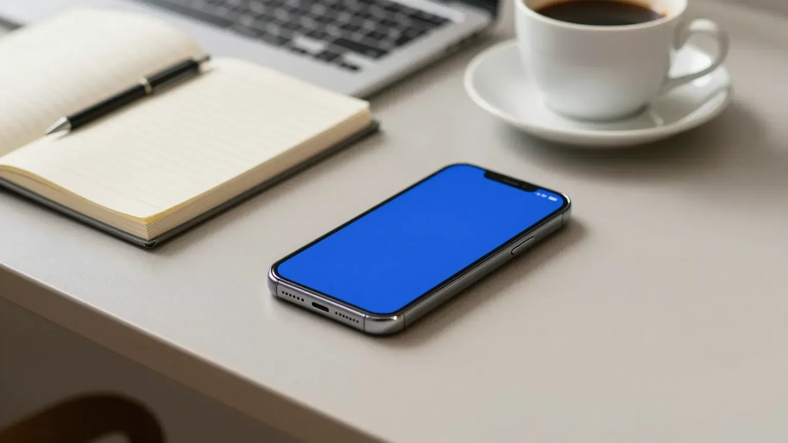 Celular com notificações silenciadas ao lado de caderno aberto em mesa de trabalho