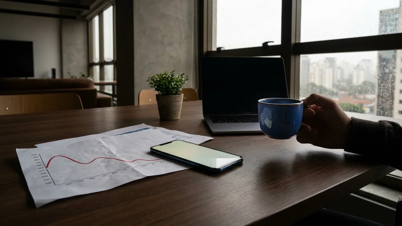 Smartphone sobre mesa escura ao lado de um relatório de ganhos impresso com uma curva acentuada de queda