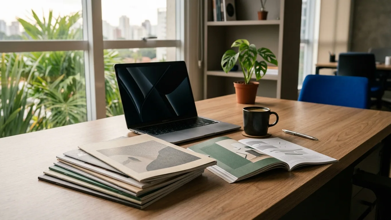 Pilha de newsletters e revistas sobre mesa ao lado de notebook e café