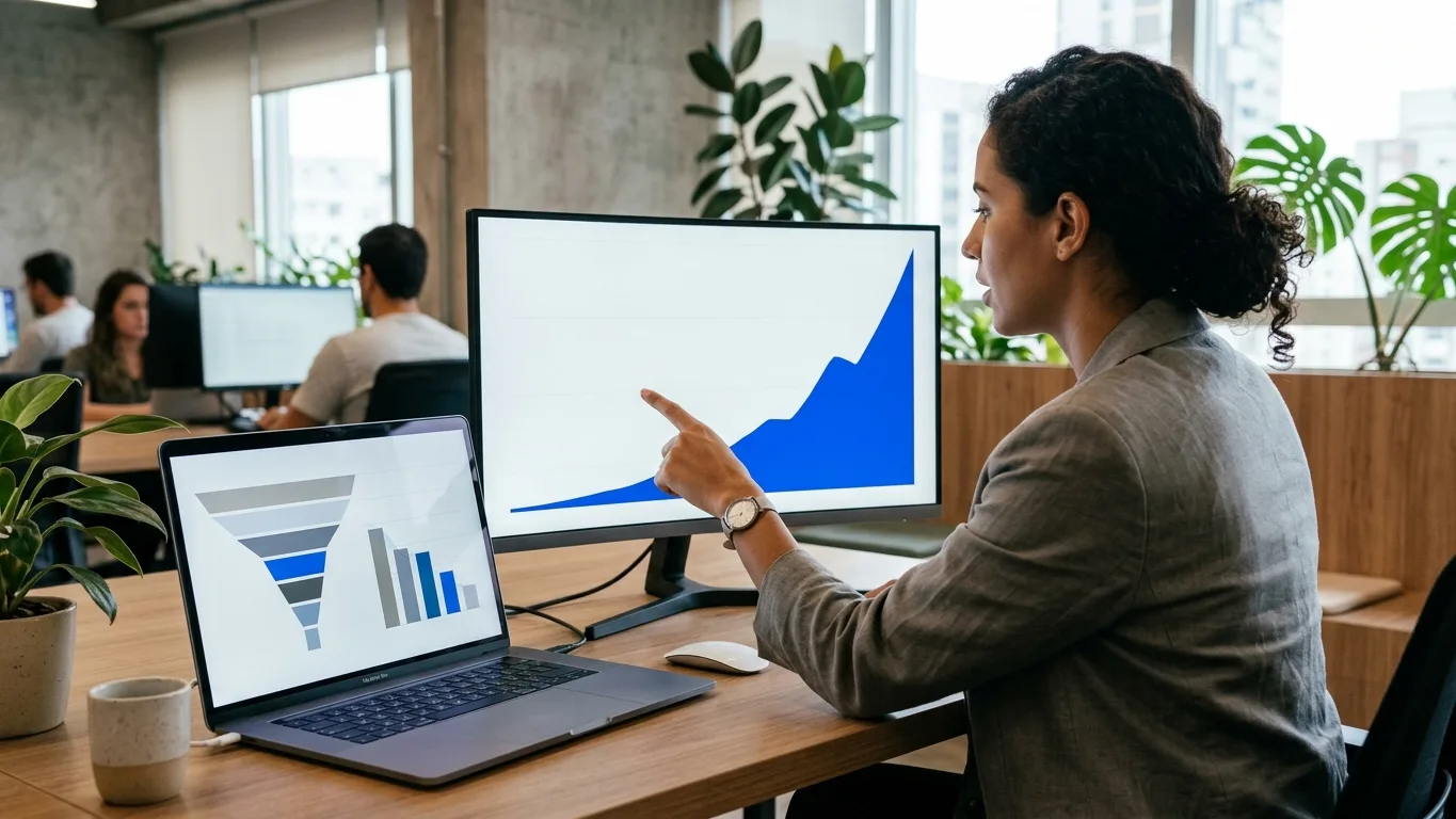Tela de analytics de e-commerce com funil de conversão em gráfico ascendente