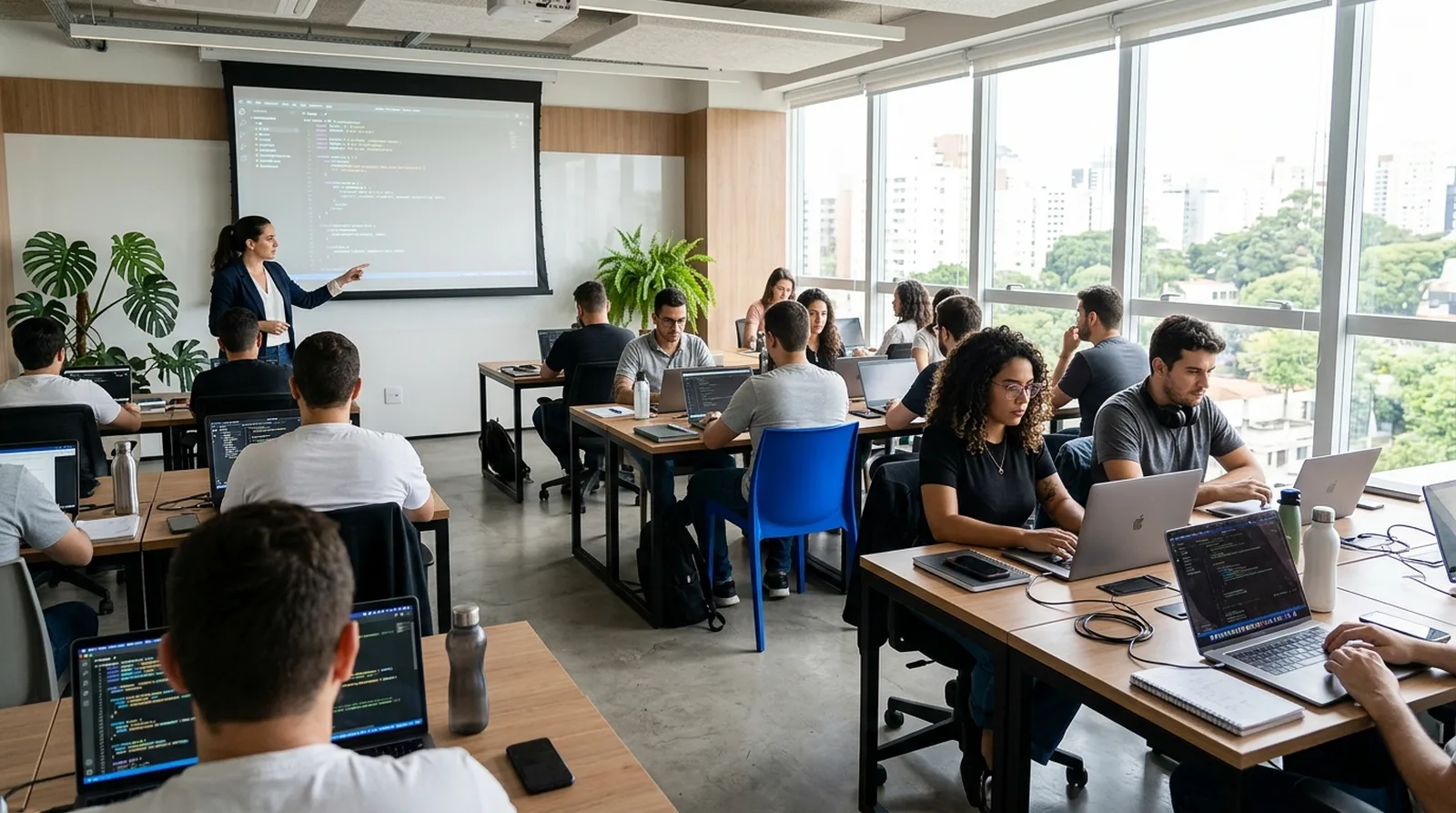 Sala de aula com alunos em notebooks, telas com código e luz natural