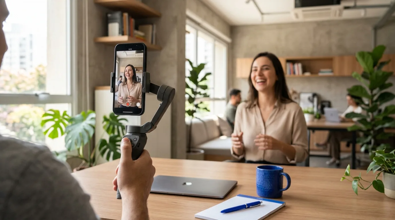 Produção de vídeo curto com smartphone em gimbal no estúdio